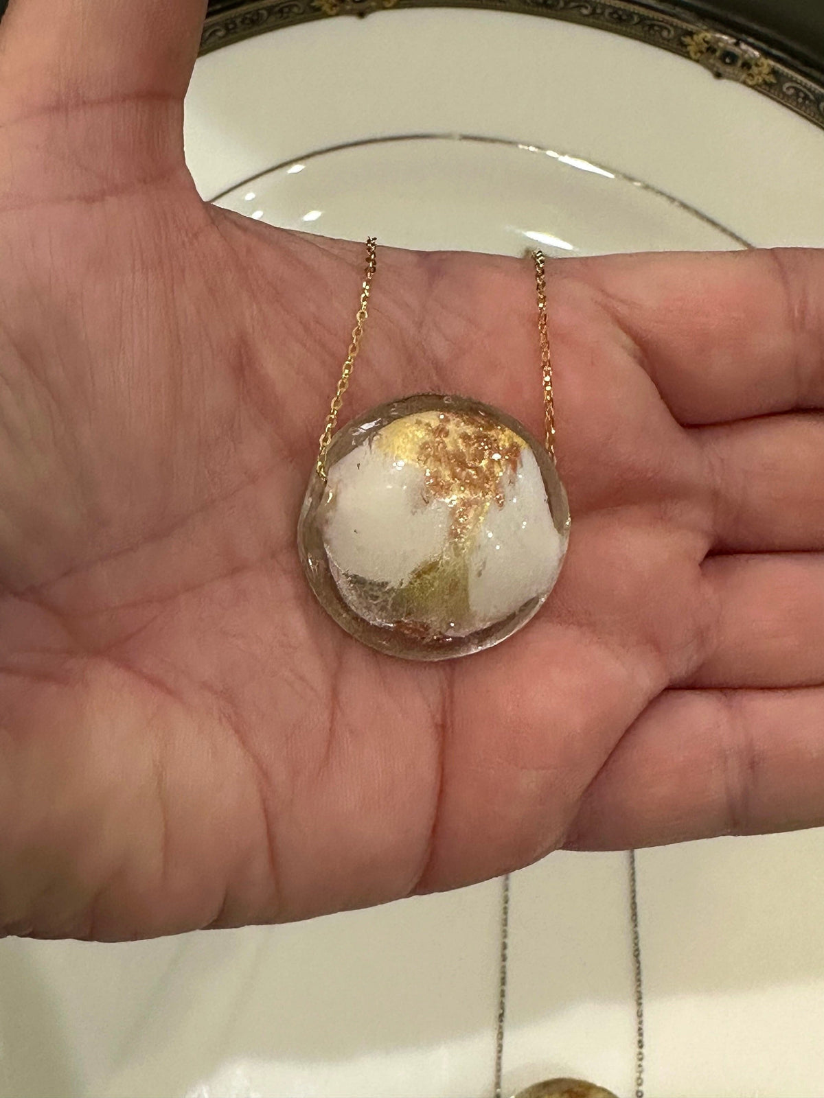 Extra Large White, Gold and Silver Detail Murano Glass on Sterling Chain