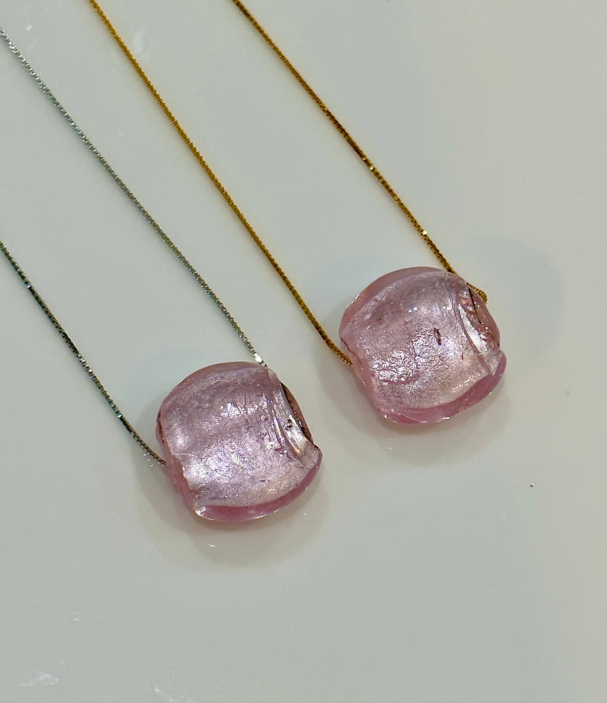 Handmade Iridescent Pink Murano Glass on Sterling Chain