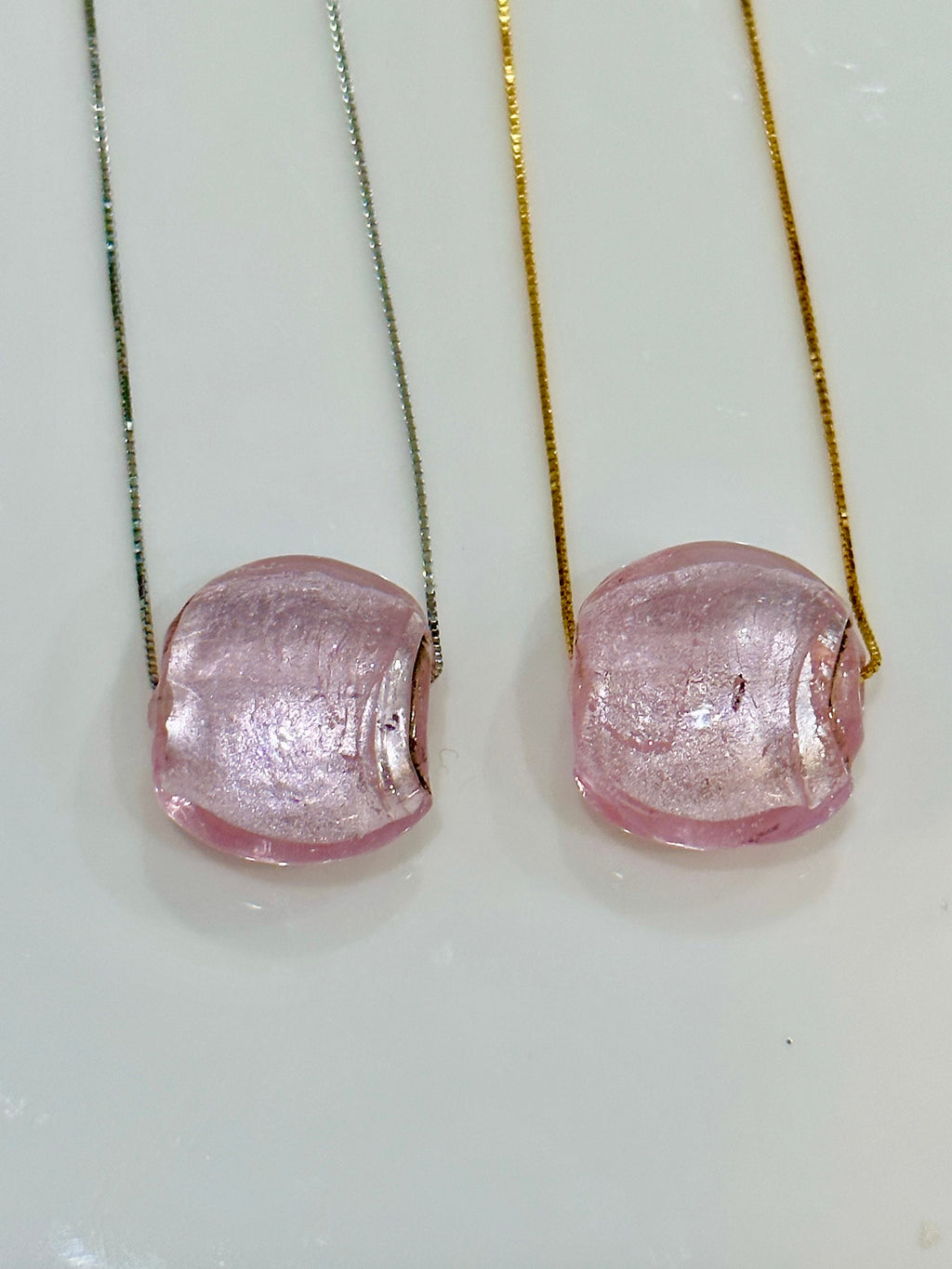 Handmade Iridescent Pink Murano Glass on Sterling Chain