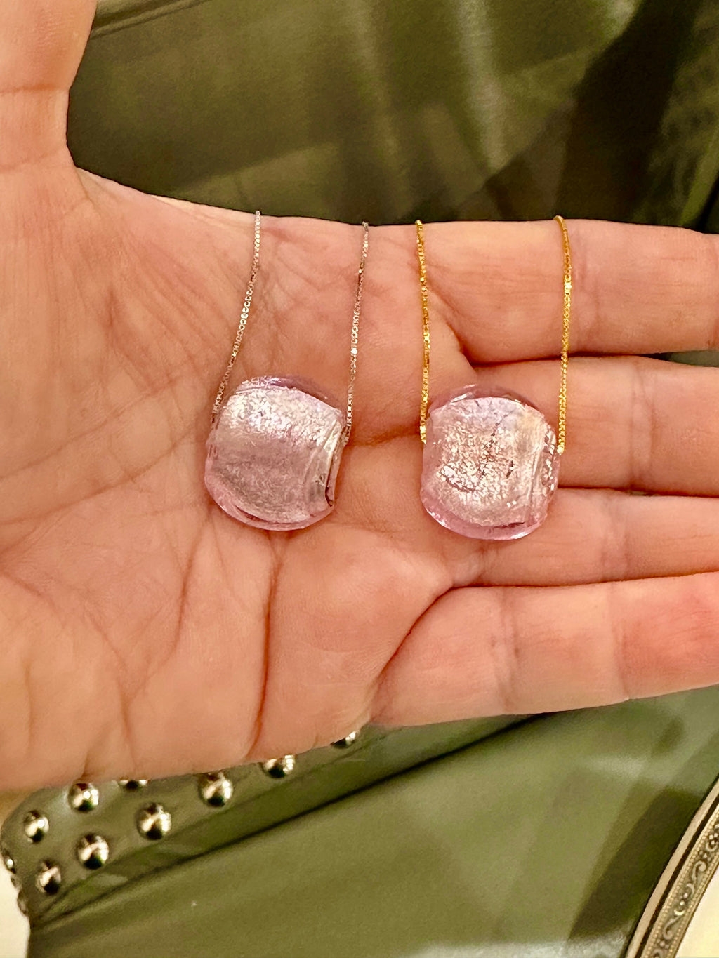 Handmade Iridescent Pink Murano Glass on Sterling Chain