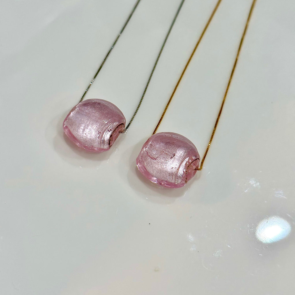 Handmade Iridescent Pink Murano Glass on Sterling Chain