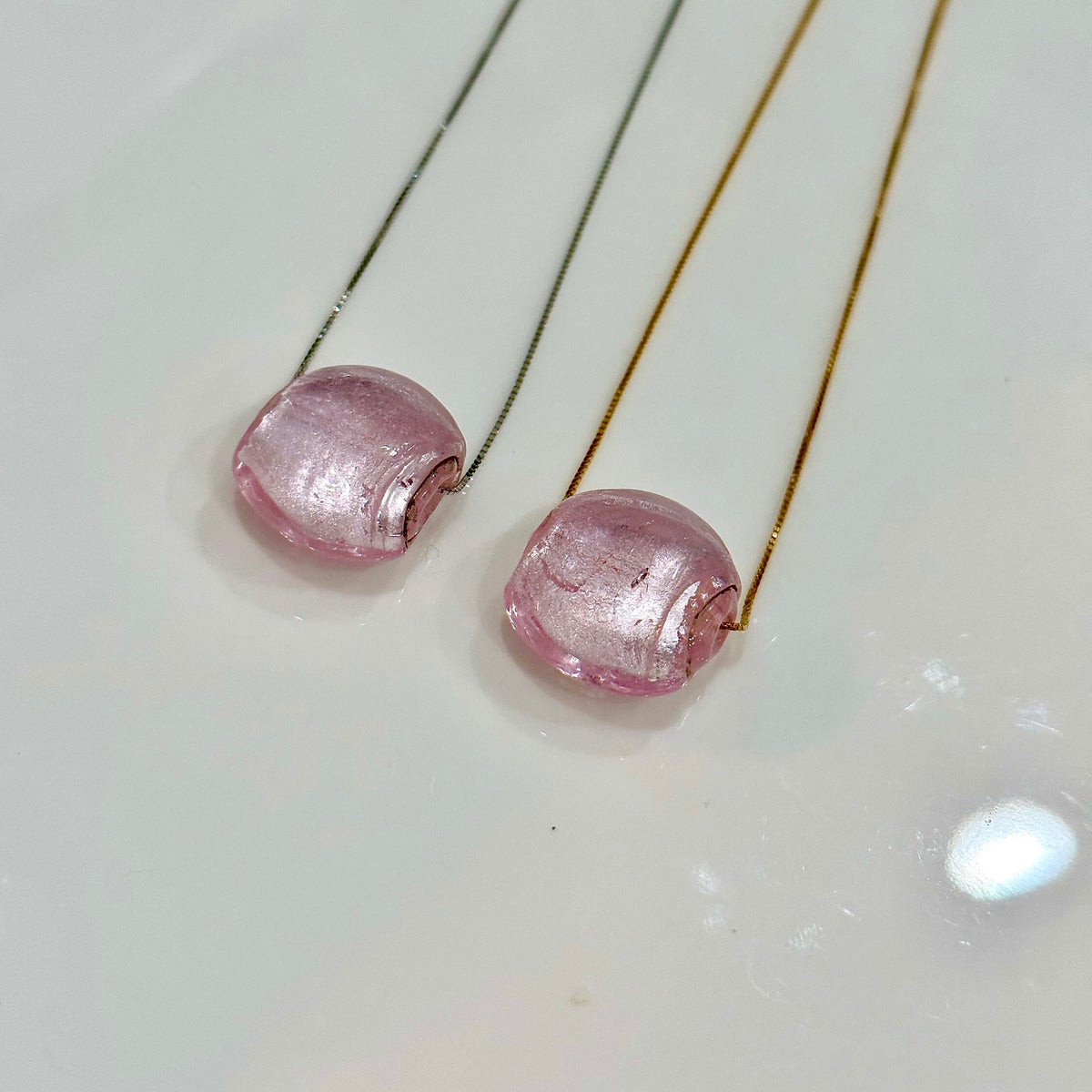 Handmade Iridescent Pink Murano Glass on Sterling Chain
