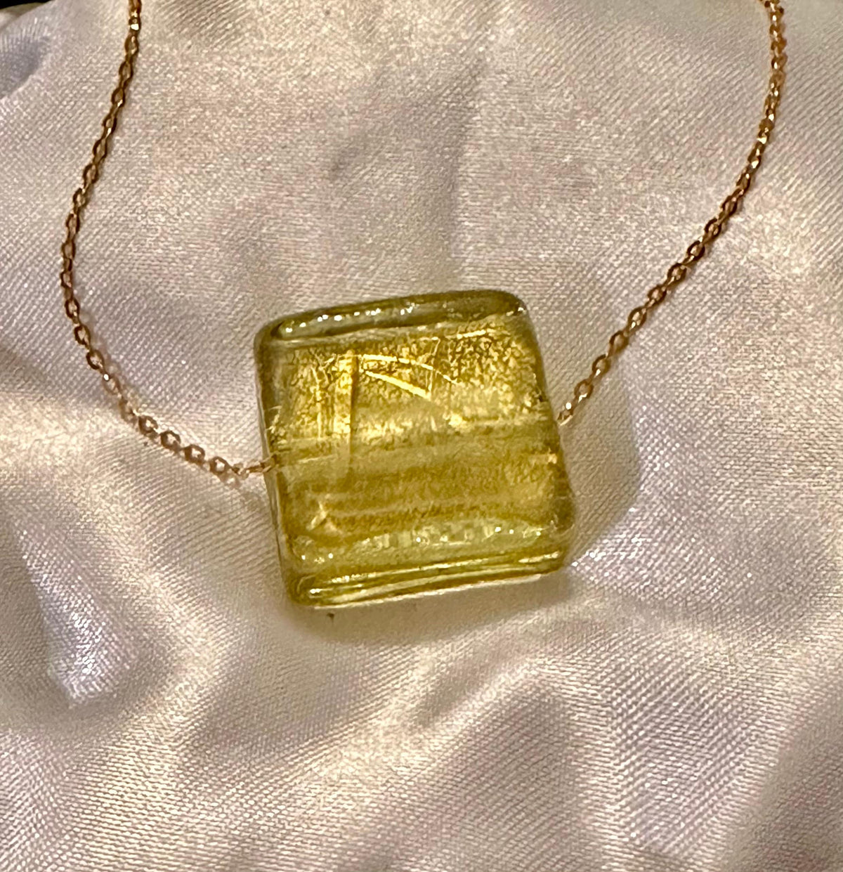 Light Gold Venetian Murano Glass on Sterling Vermeil-Yellow Gold Chain