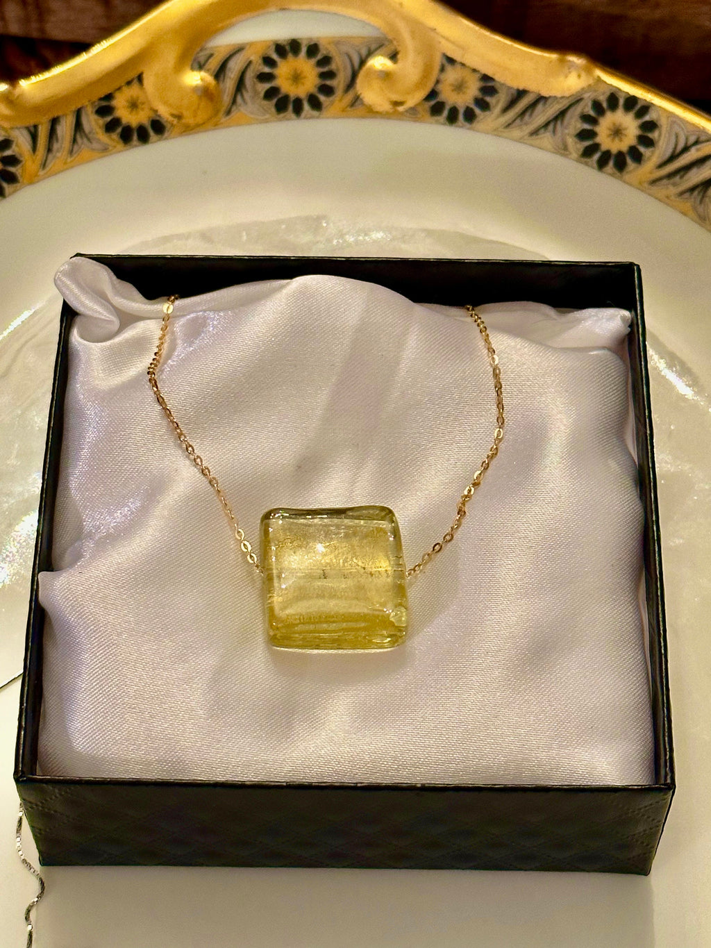 Light Gold Venetian Murano Glass on Sterling Vermeil-Yellow Gold Chain