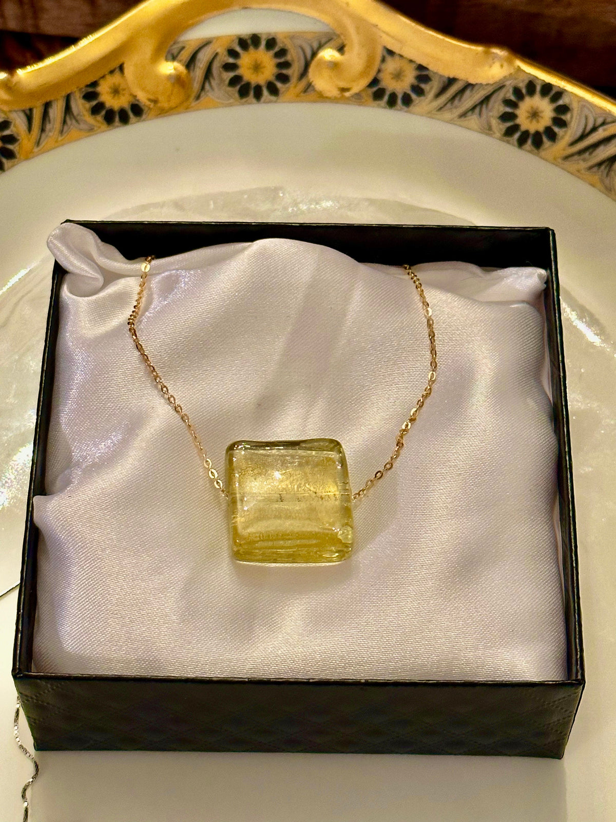 Light Gold Venetian Murano Glass on Sterling Vermeil-Yellow Gold Chain