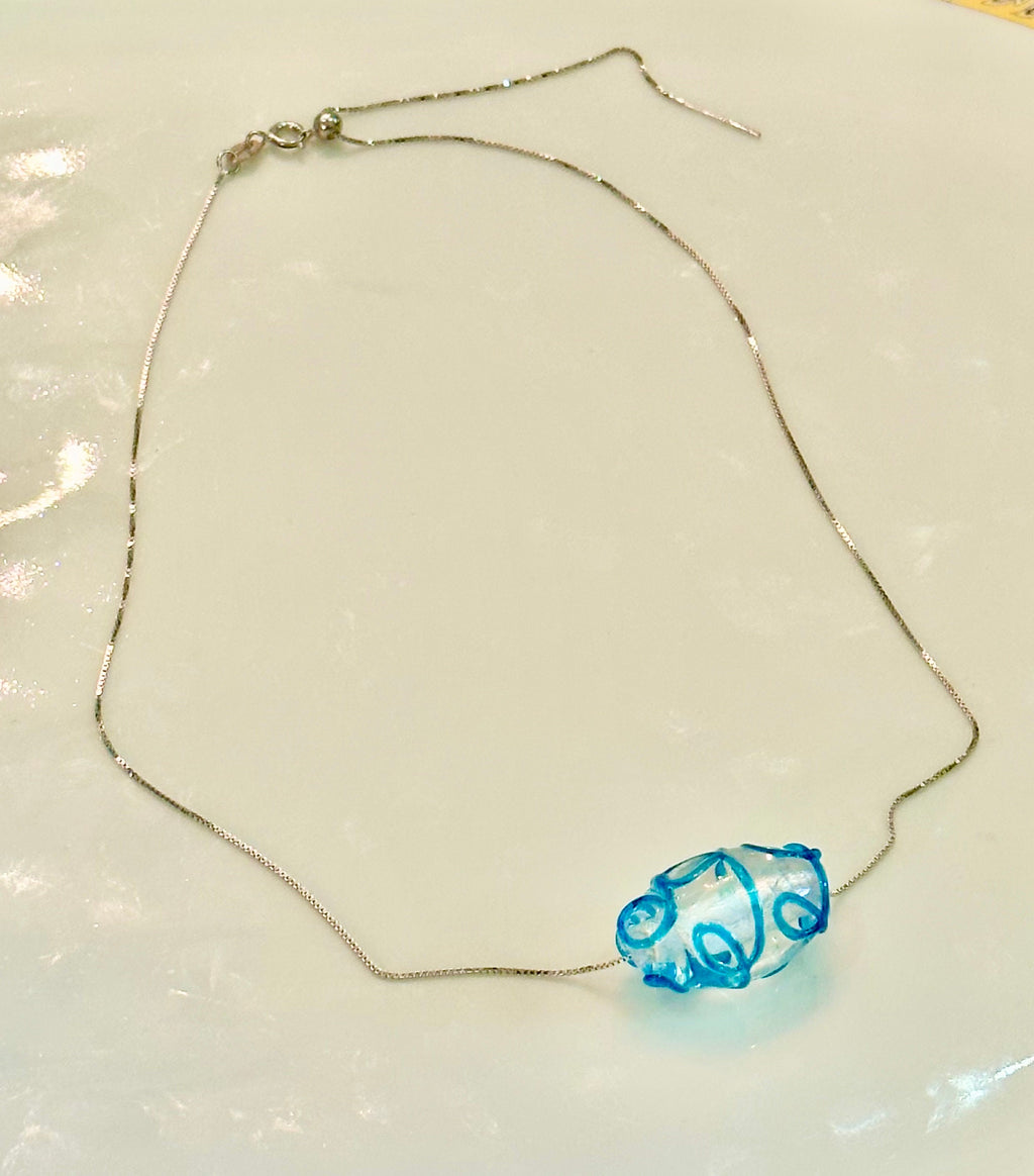 Hand-Blown Oval Clear and Ocean Blue Glass on Sterling Silver Chain