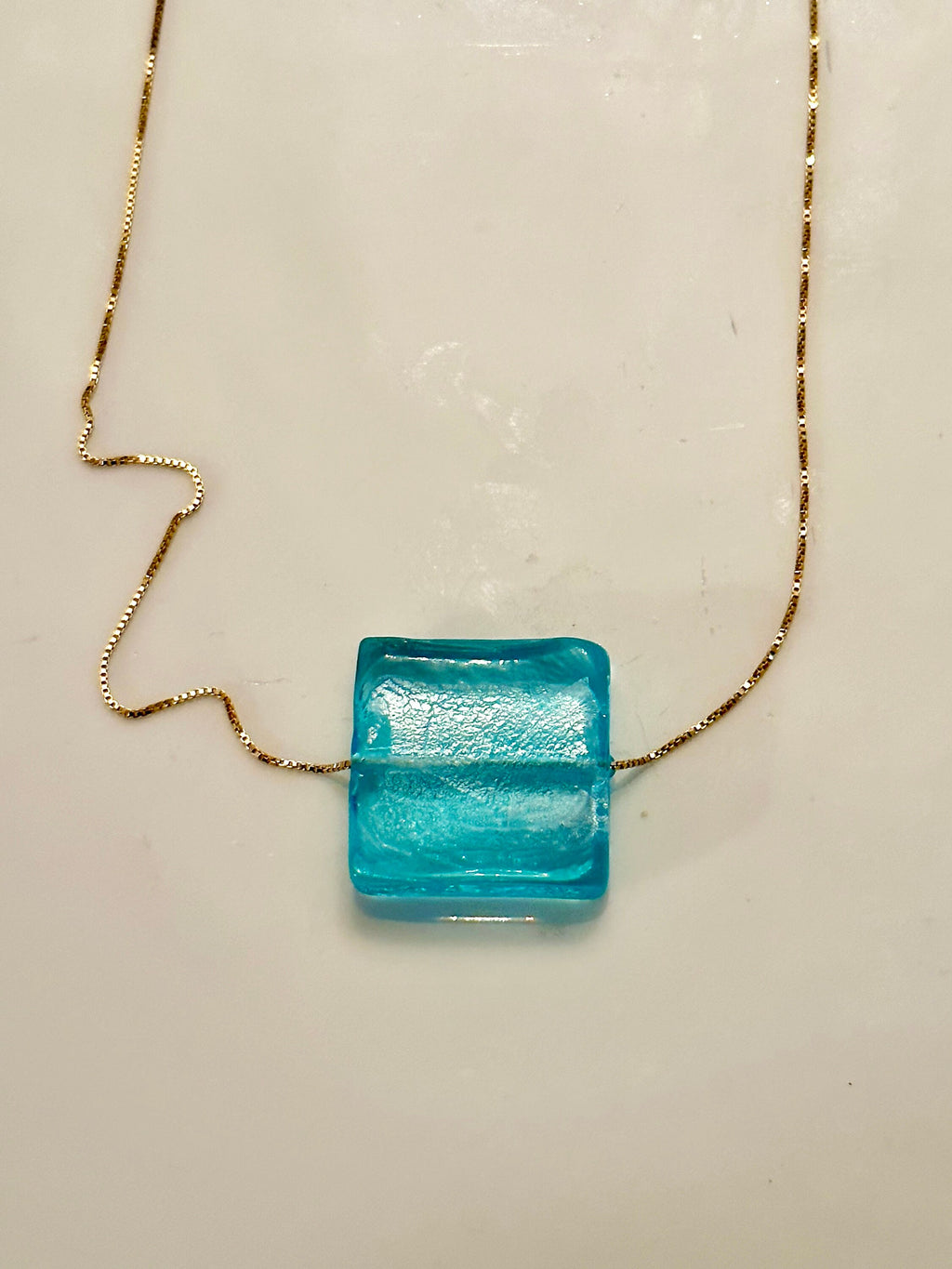 Handmade Murano Glass Pendant: Aqua Sterling Silver Adjustable Chain