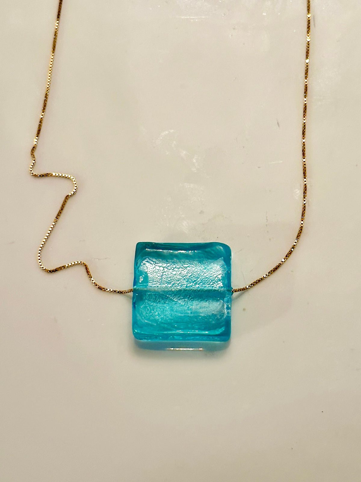 Handmade Murano Glass Pendant: Aqua Sterling Silver Adjustable Chain