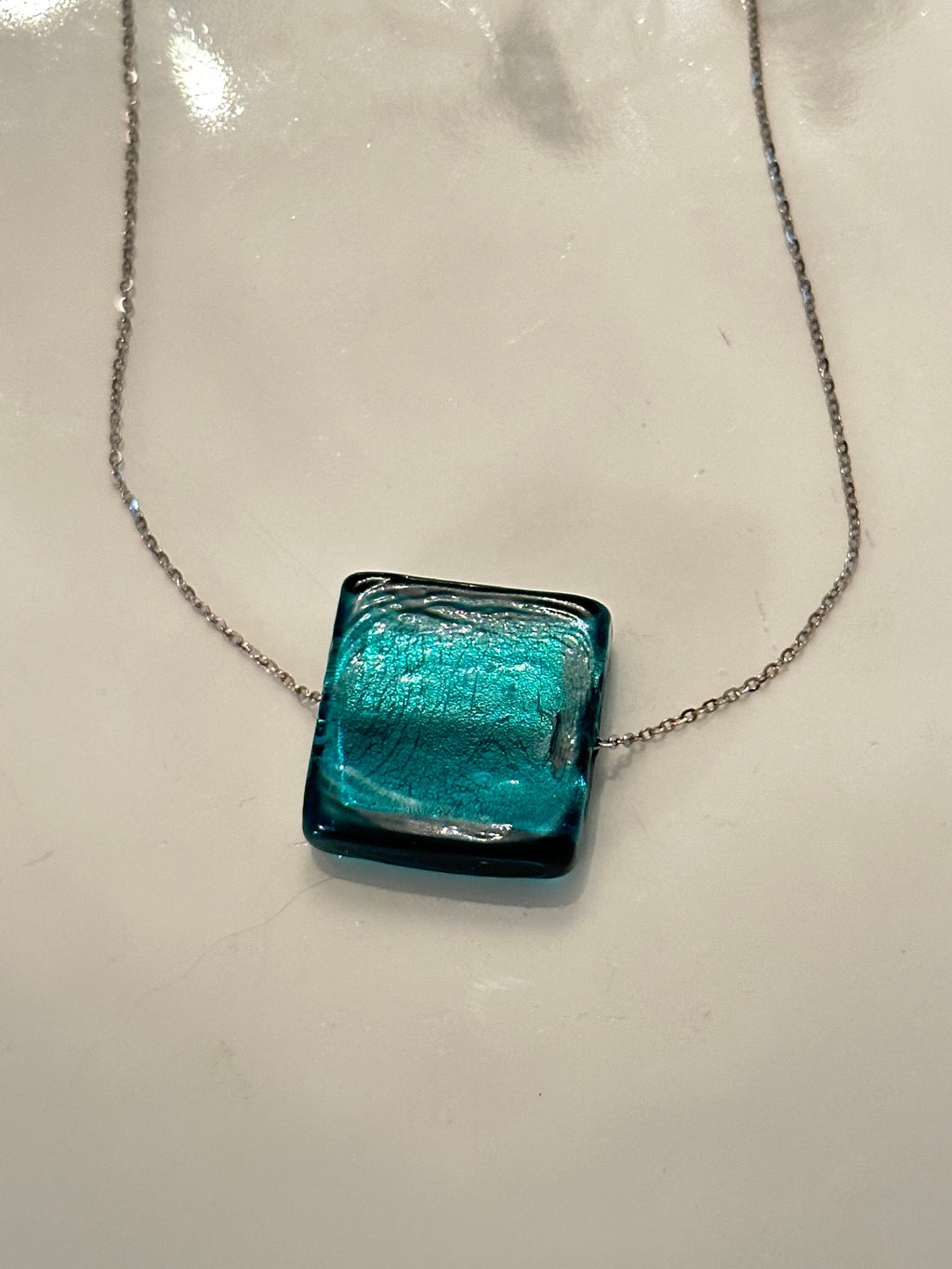 Handmade Murano Glass Pendant: Aqua Sterling Silver Adjustable Chain