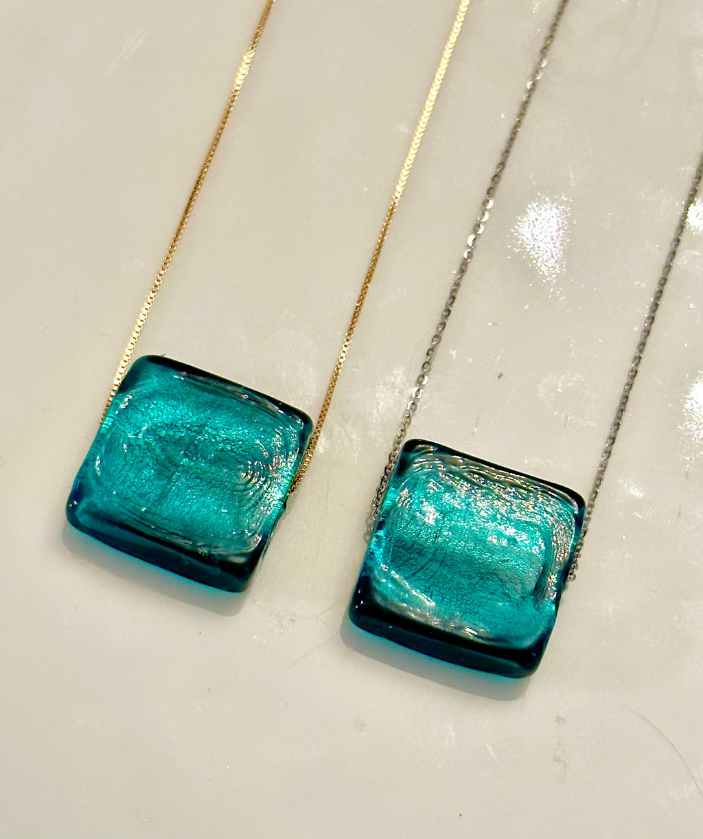 Handmade Murano Glass Pendant: Aqua Sterling Silver Adjustable Chain