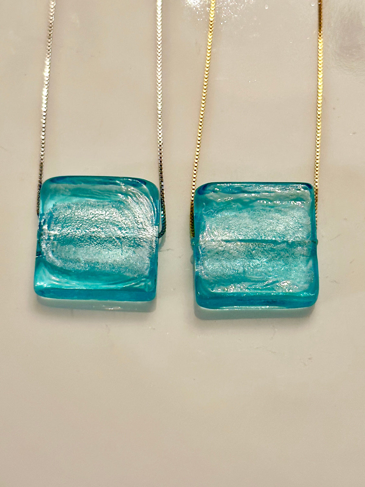 Handmade Murano Glass Pendant: Aqua Sterling Silver Adjustable Chain