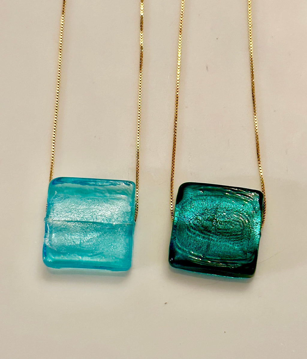 Handmade Murano Glass Pendant: Aqua Sterling Silver Adjustable Chain