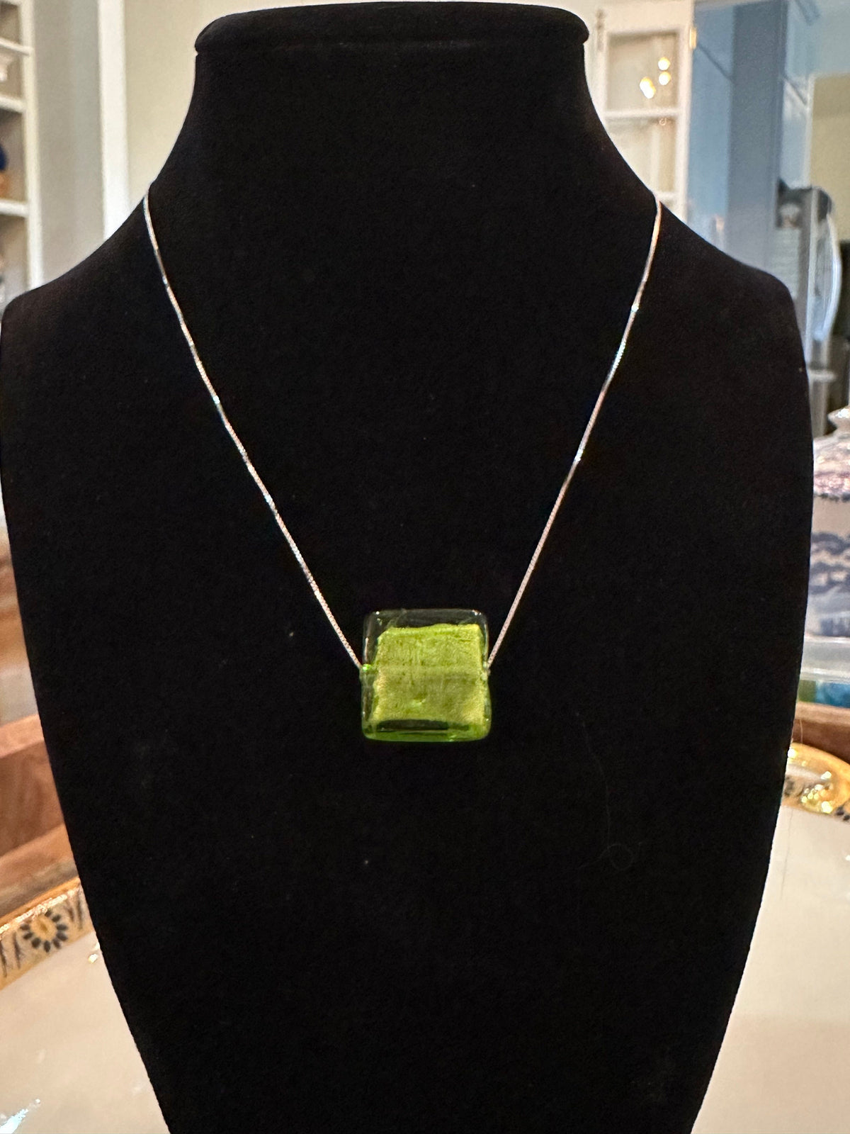 RARE Deep Green or Lime Green Murano Glass Pendant on 925 Sterling Adjustable Chain