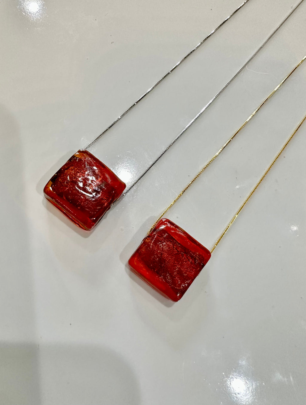 Iridescent Red Handmade Murano Glass pendant strung on 925 Sterling Adjustable Chain