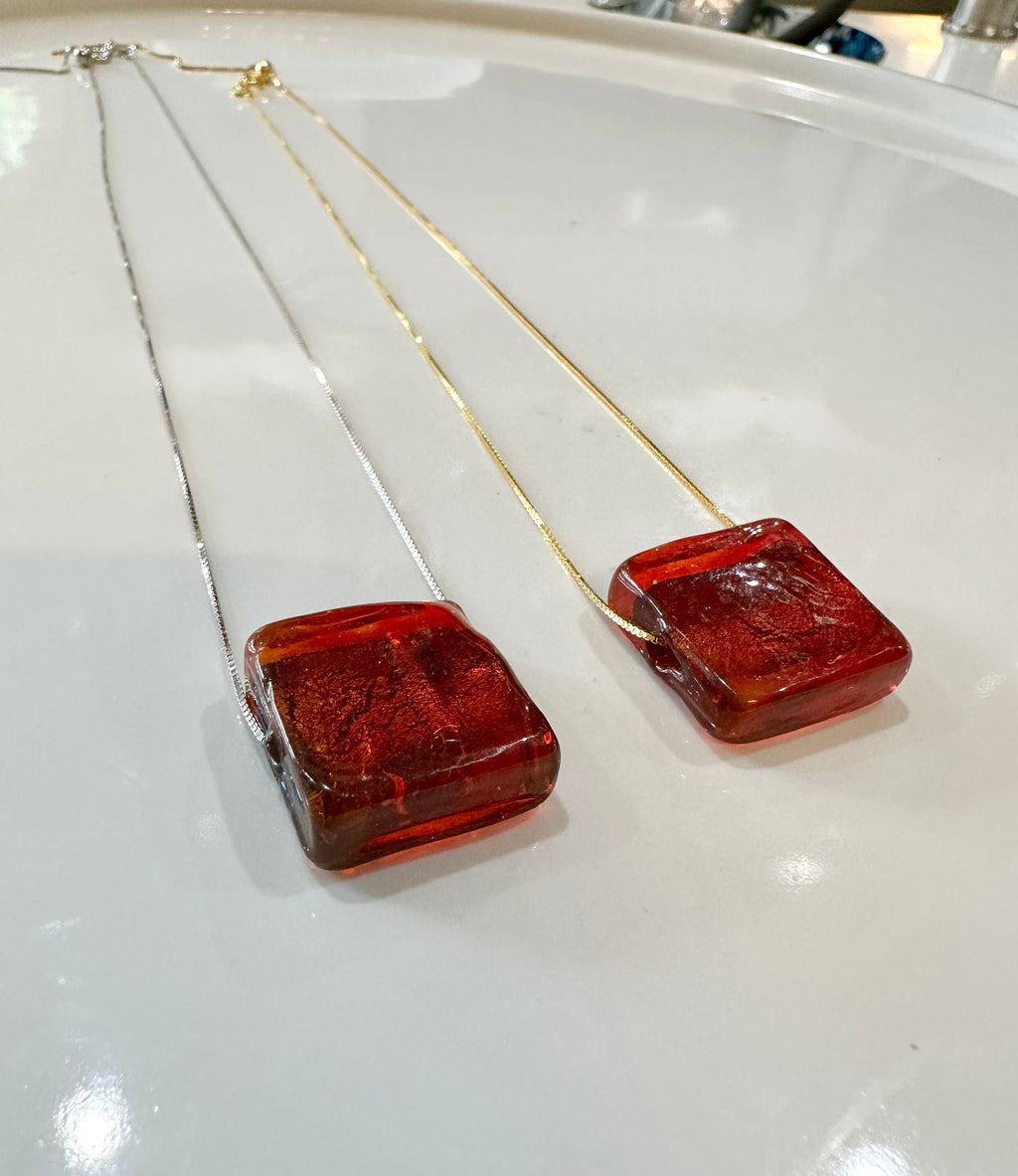 Iridescent Red Handmade Murano Glass pendant strung on 925 Sterling Adjustable Chain
