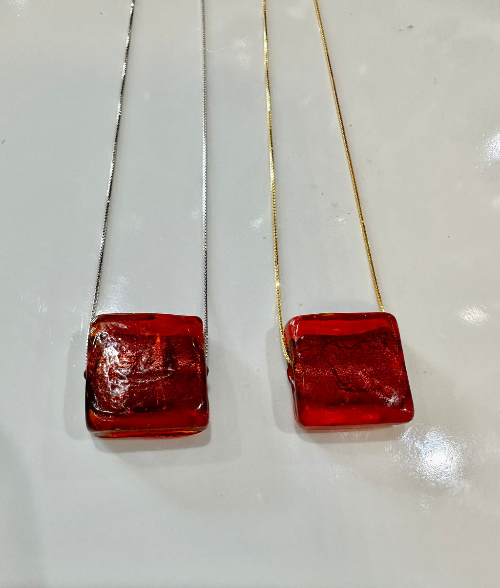 Iridescent Red Handmade Murano Glass pendant strung on 925 Sterling Adjustable Chain