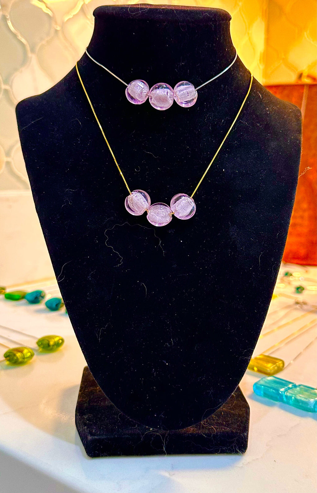 Murano Glass Multibeaded Necklace: Sterling Silver, Adjustable Length