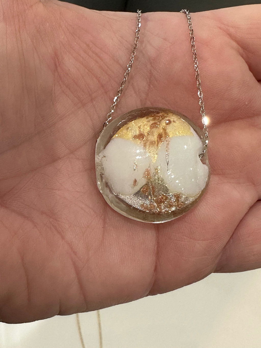 Extra Large White, Gold and Silver Detail Murano Glass on Sterling Chain