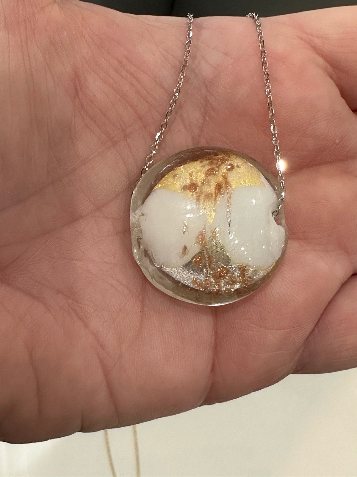 Extra Large White, Gold and Silver Detail Murano Glass on Sterling Chain