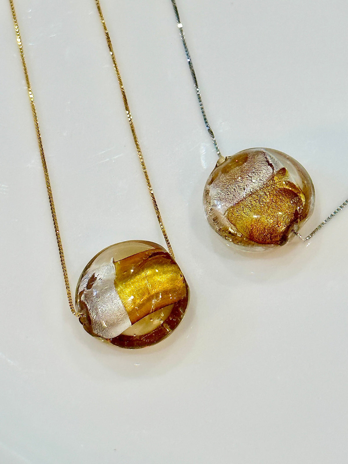 Iridescent Gold and Silver Swirl Murano Glass on Sterling Chain