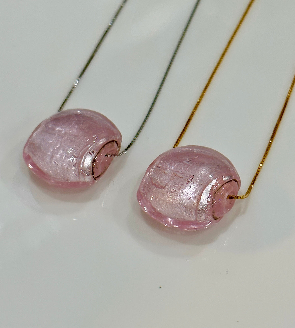 Handmade Iridescent Pink Murano Glass on Sterling Chain
