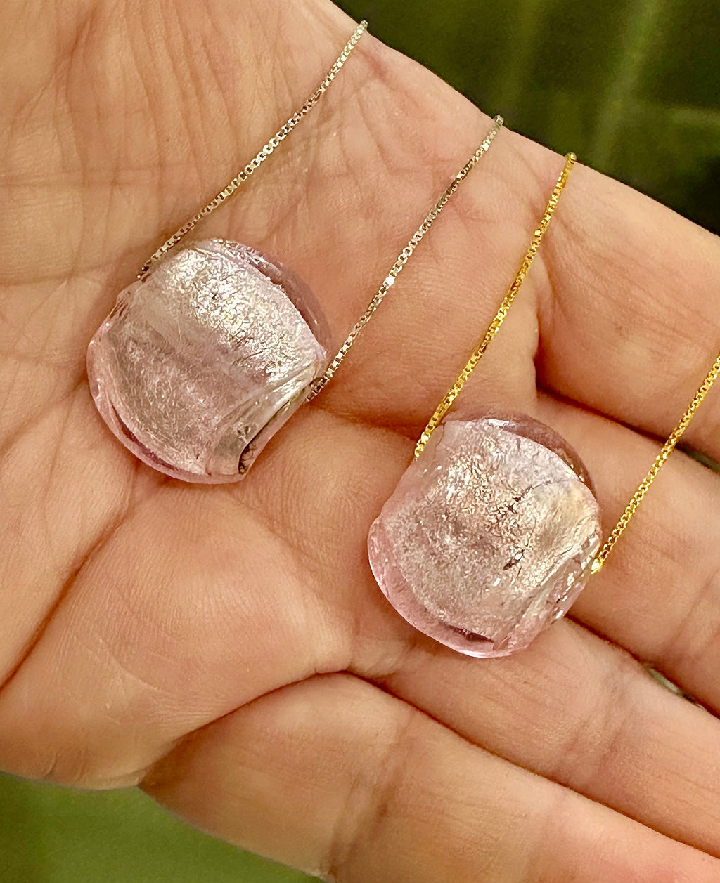 Handmade Iridescent Pink Murano Glass on Sterling Chain