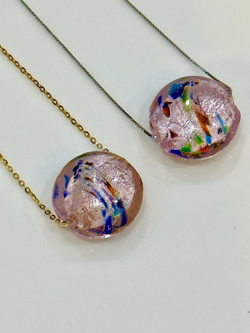 Handmade Iridescent Pink with Swirled Detail Murano Glass on Sterling Chain