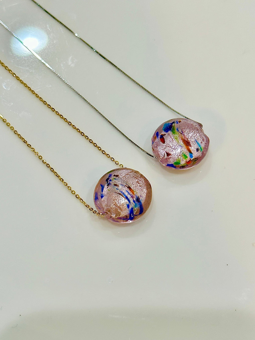 Handmade Iridescent Pink with Swirled Detail Murano Glass on Sterling Chain