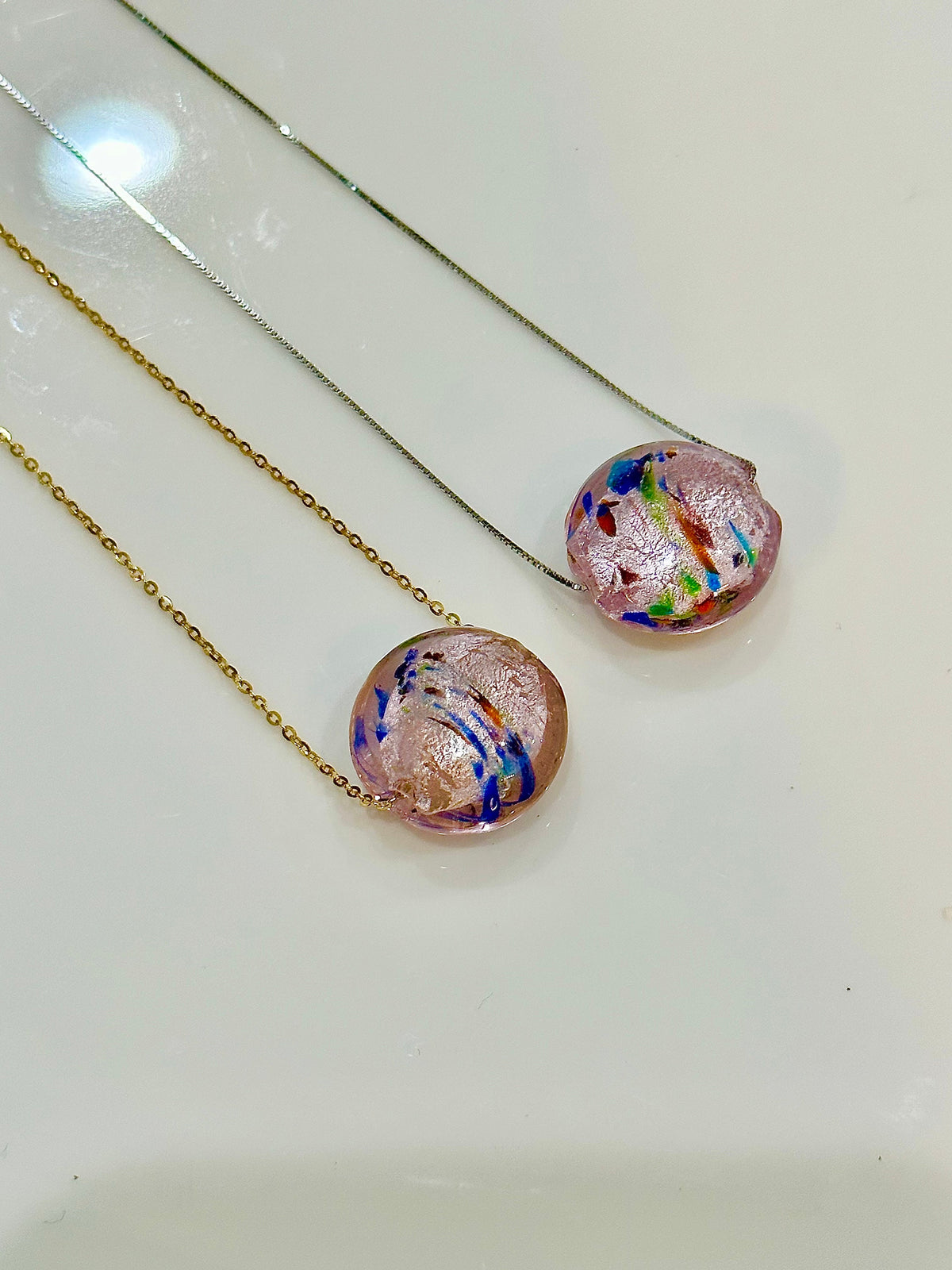 Handmade Iridescent Pink with Swirled Detail Murano Glass on Sterling Chain