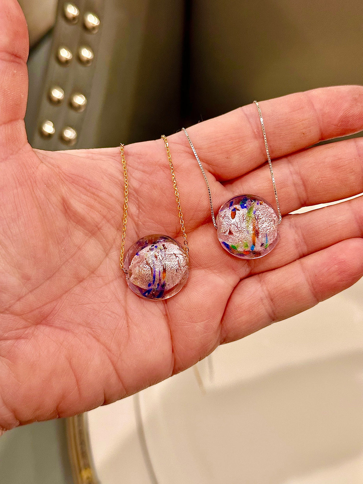 Handmade Iridescent Pink with Swirled Detail Murano Glass on Sterling Chain