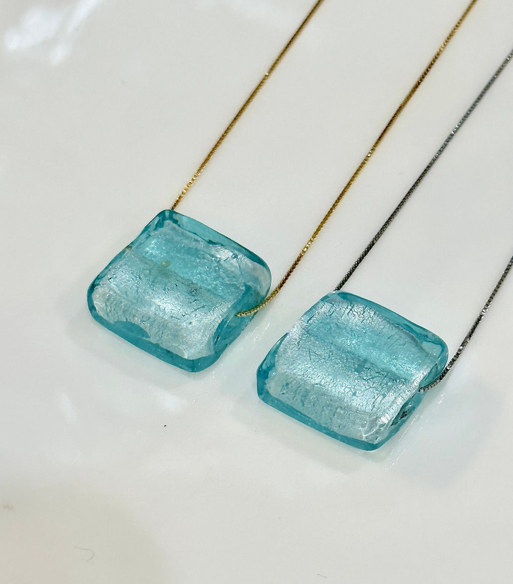 Handmade Light Iced Blue Murano Glass on Sterling Chain