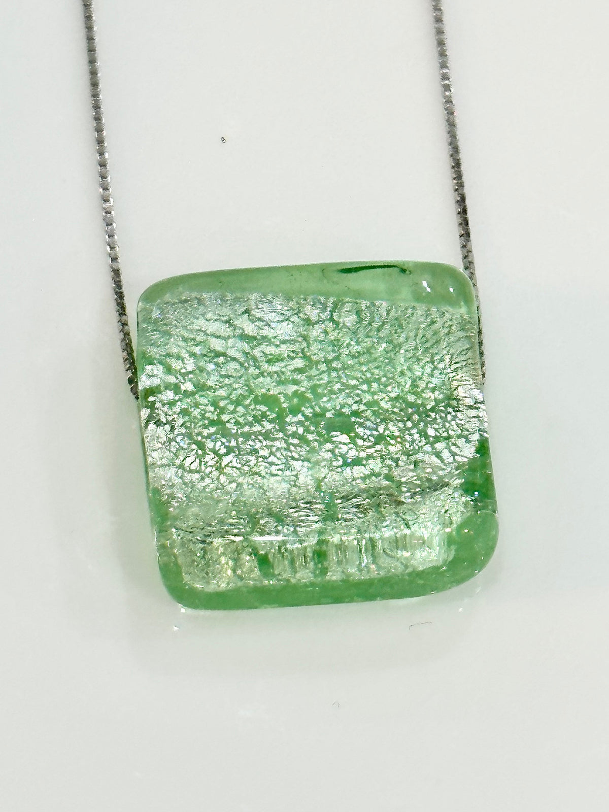 Handmade Light Iced Green Murano Glass on Sterling Chain