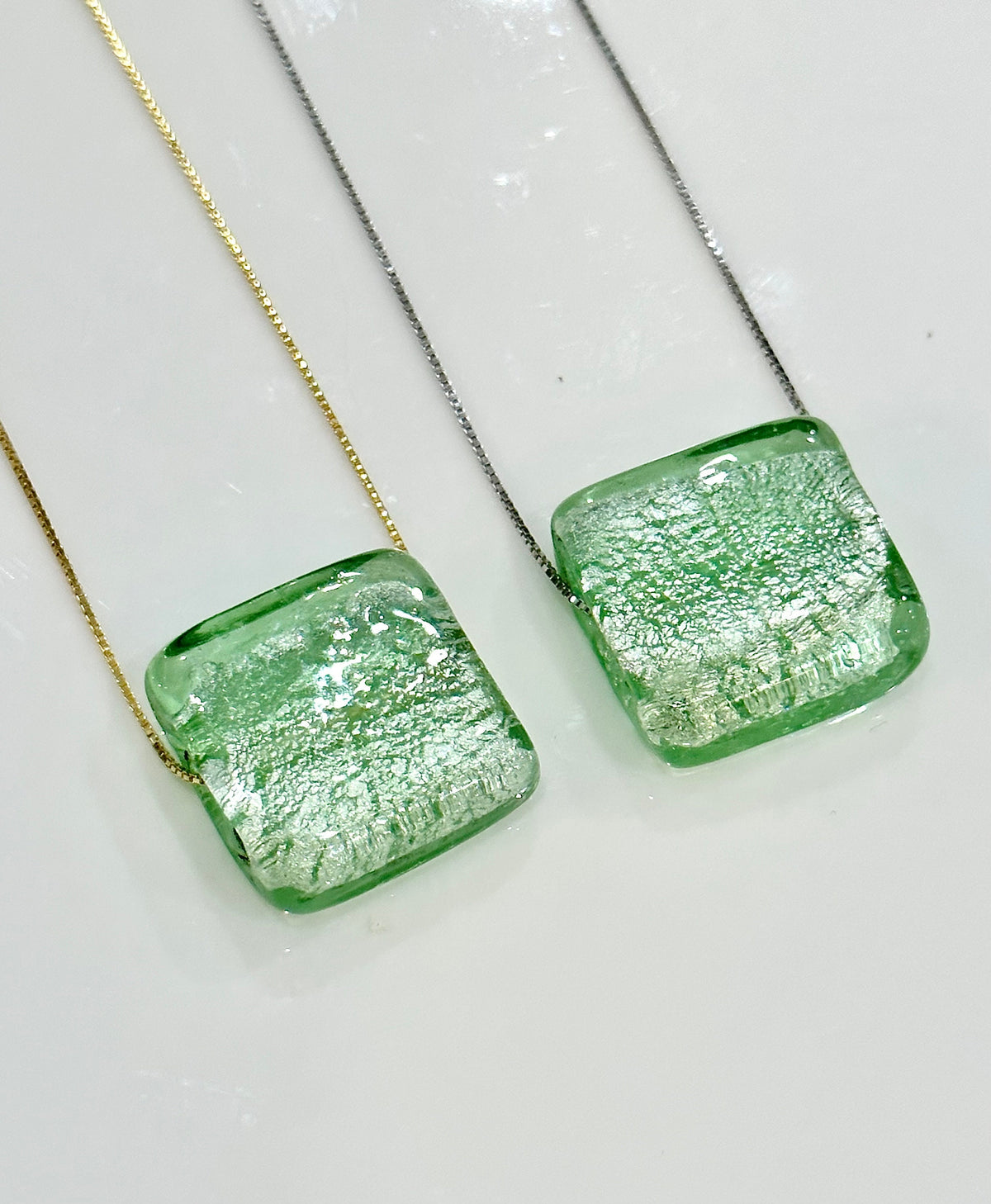 Handmade Light Iced Green Murano Glass on Sterling Chain
