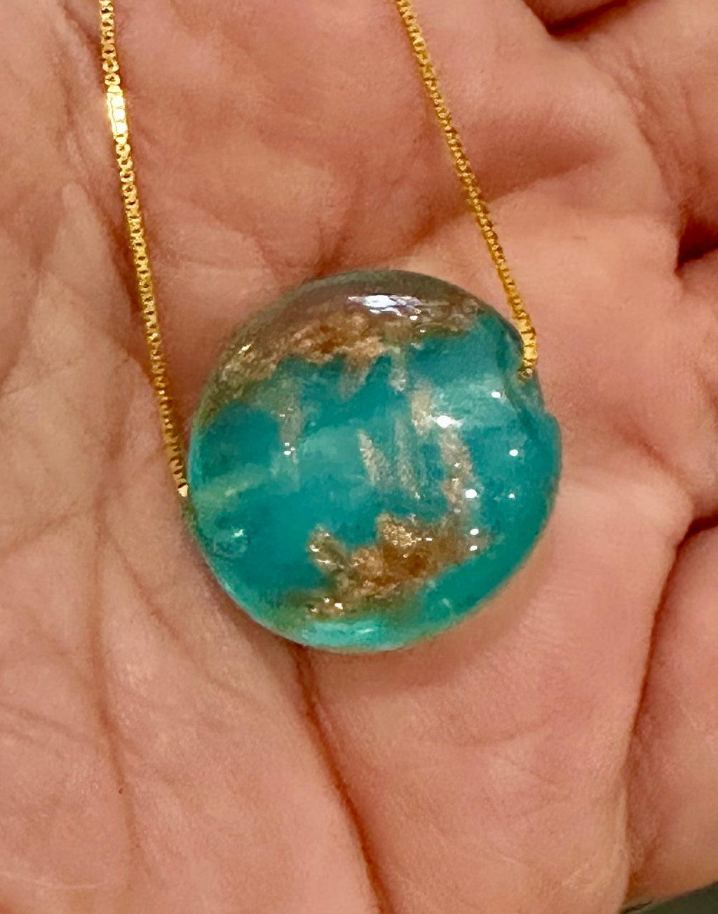 Handmade Iridescent Torquoise With Gold and Silver Foil Murano Glass on Sterling Chain