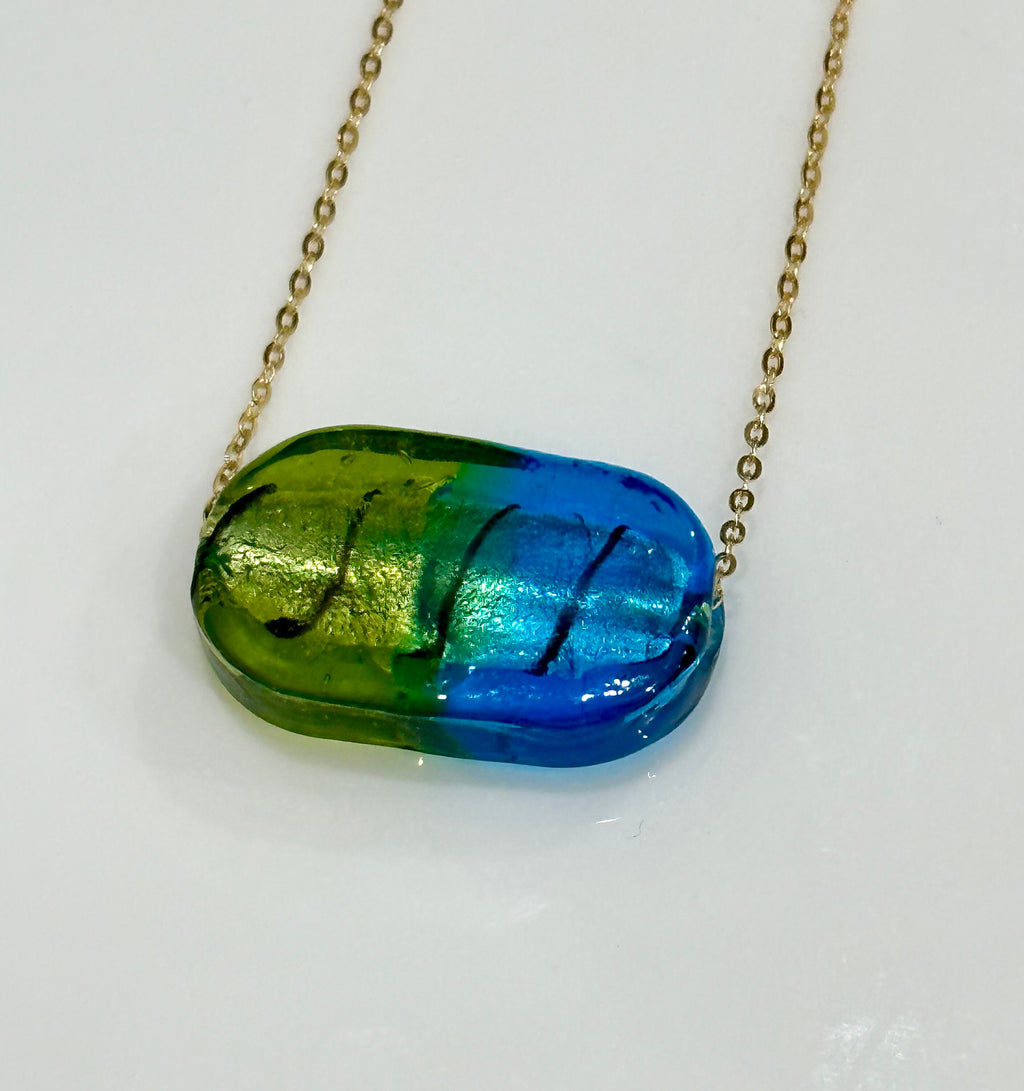 Deep Sea Blue and Green Oval Lampwork Murano Glass Pendant on Sterling Chain