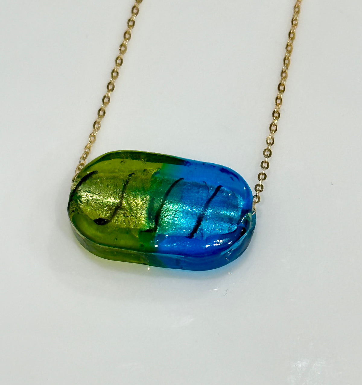 Deep Sea Blue and Green Oval Lampwork Murano Glass Pendant on Sterling Chain