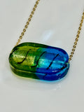 Deep Sea Blue and Green Oval Lampwork Murano Glass Pendant on Sterling Chain