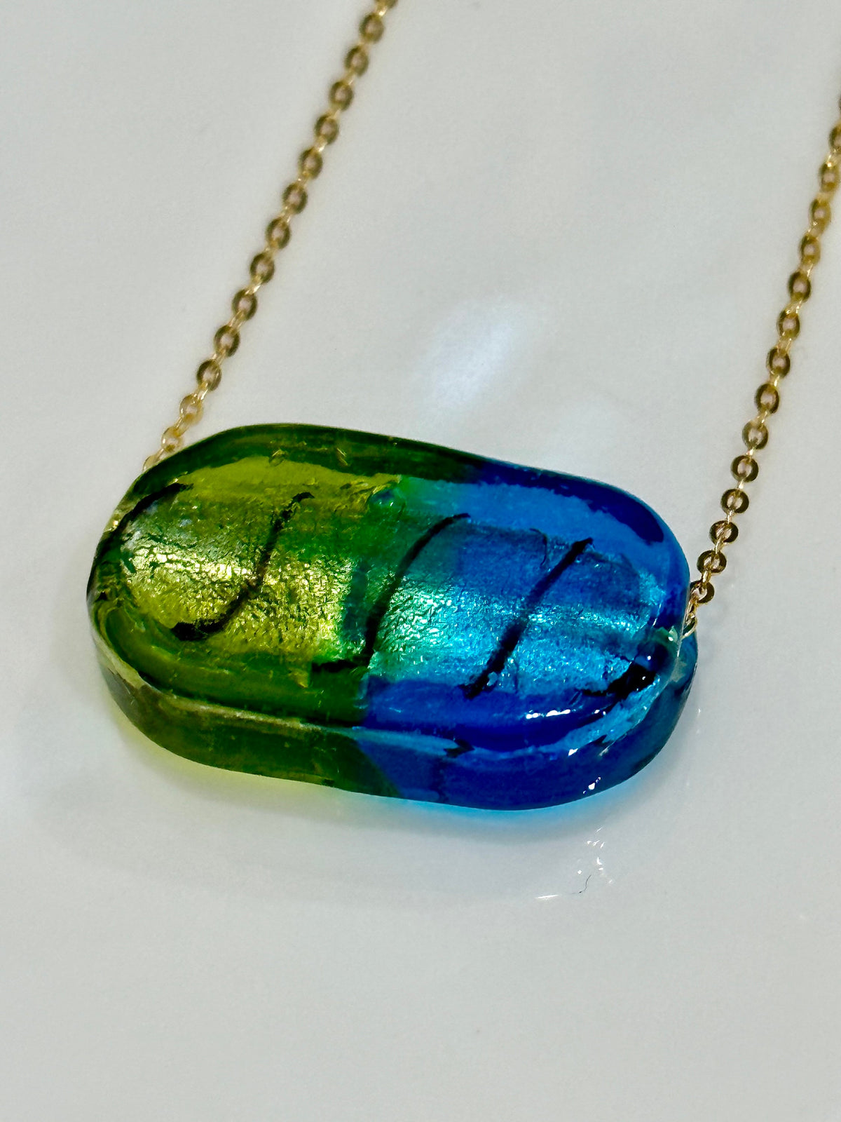 Deep Sea Blue and Green Oval Lampwork Murano Glass Pendant on Sterling Chain