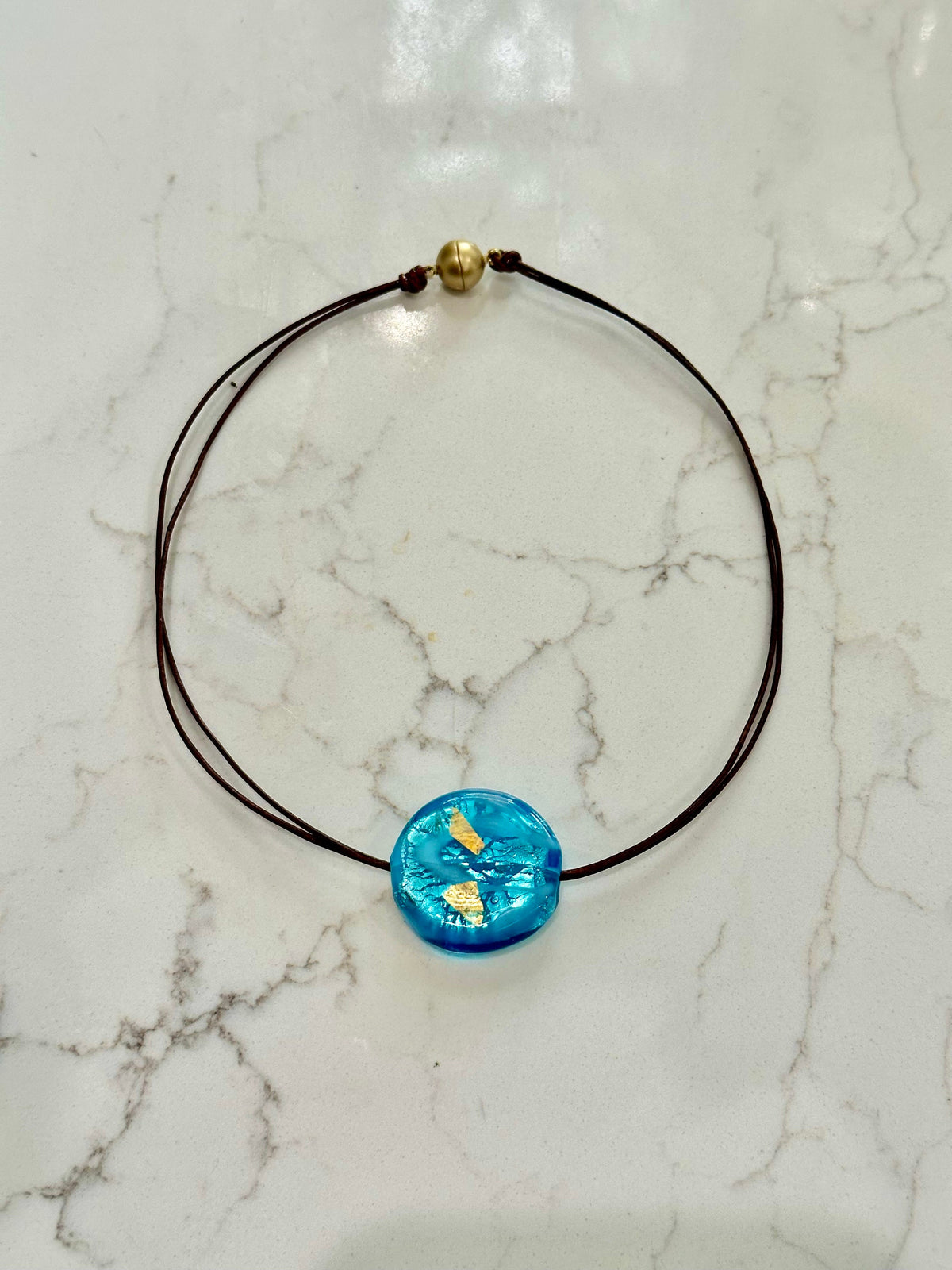 Handmade Large Turquoise and Gold Murano Glass on Sterling Chain