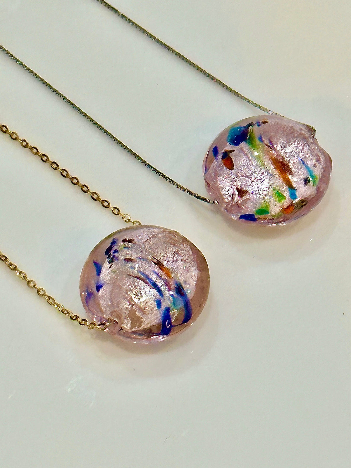 Handmade Iridescent Pink with Swirled Detail Murano Glass on Sterling Chain