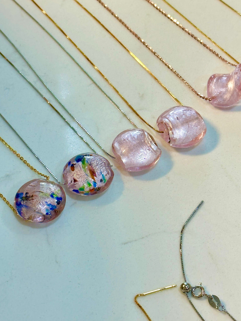 Handmade Iridescent Pink with Swirled Detail Murano Glass on Sterling Chain