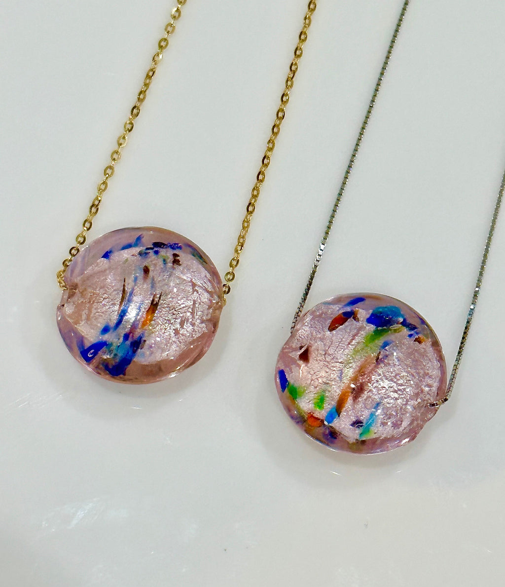 Handmade Iridescent Pink with Swirled Detail Murano Glass on Sterling Chain