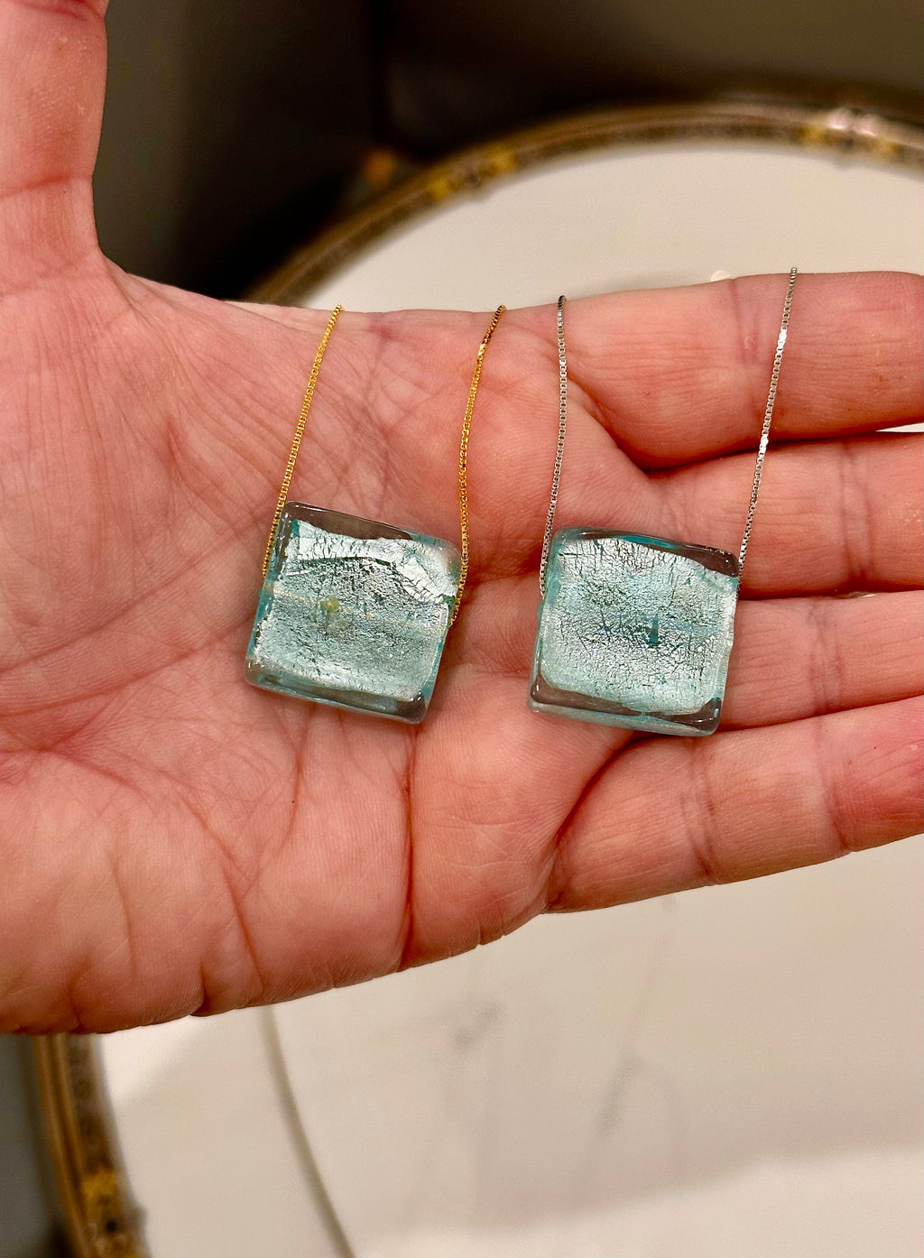 Handmade Light Iced Blue Murano Glass on Sterling Chain