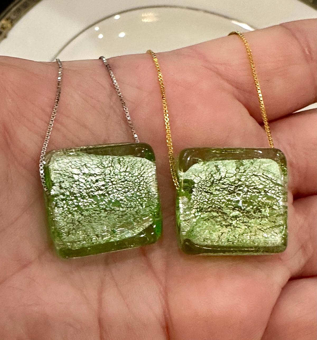 Handmade Light Iced Green Murano Glass on Sterling Chain