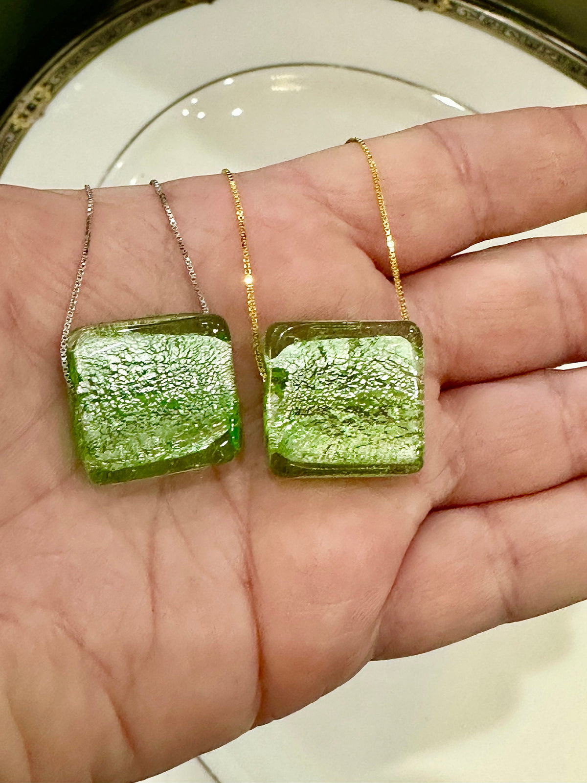 Handmade Light Iced Green Murano Glass on Sterling Chain