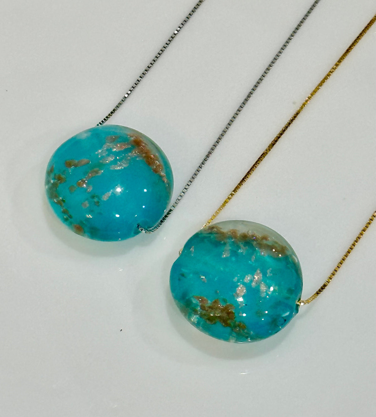Handmade Iridescent Torquoise With Gold and Silver Foil Murano Glass on Sterling Chain