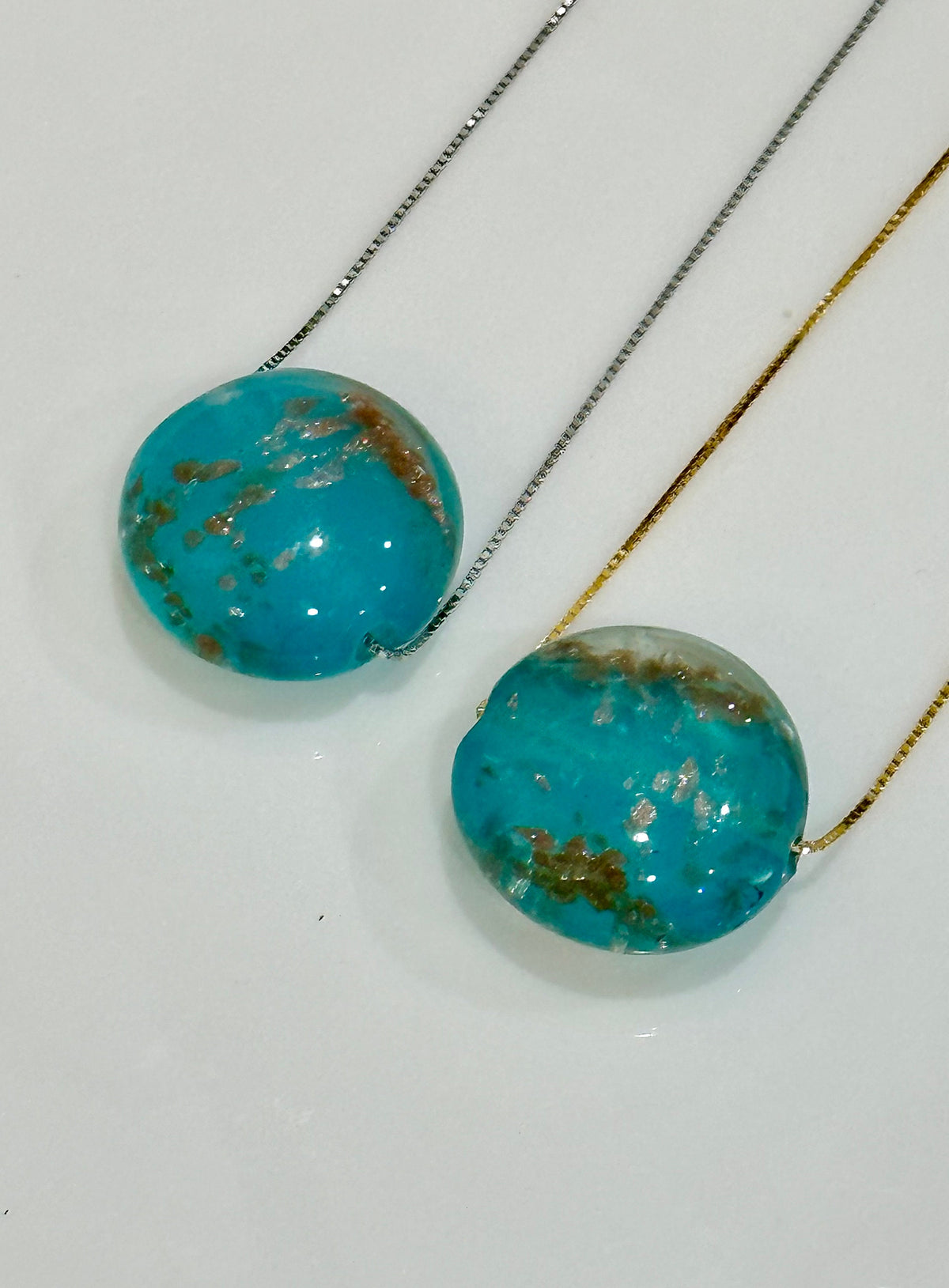 Handmade Iridescent Torquoise With Gold and Silver Foil Murano Glass on Sterling Chain