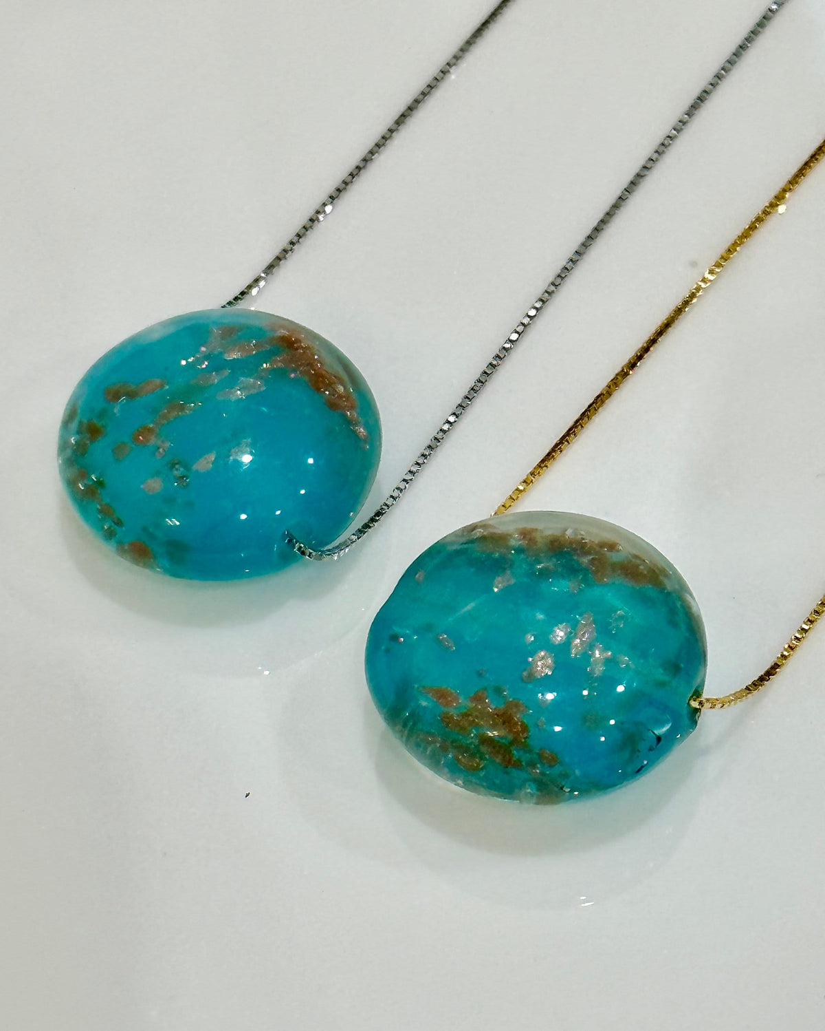 Handmade Iridescent Torquoise With Gold and Silver Foil Murano Glass on Sterling Chain