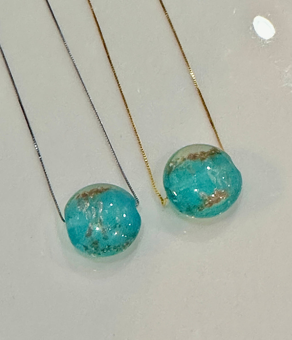 Handmade Iridescent Torquoise With Gold and Silver Foil Murano Glass on Sterling Chain