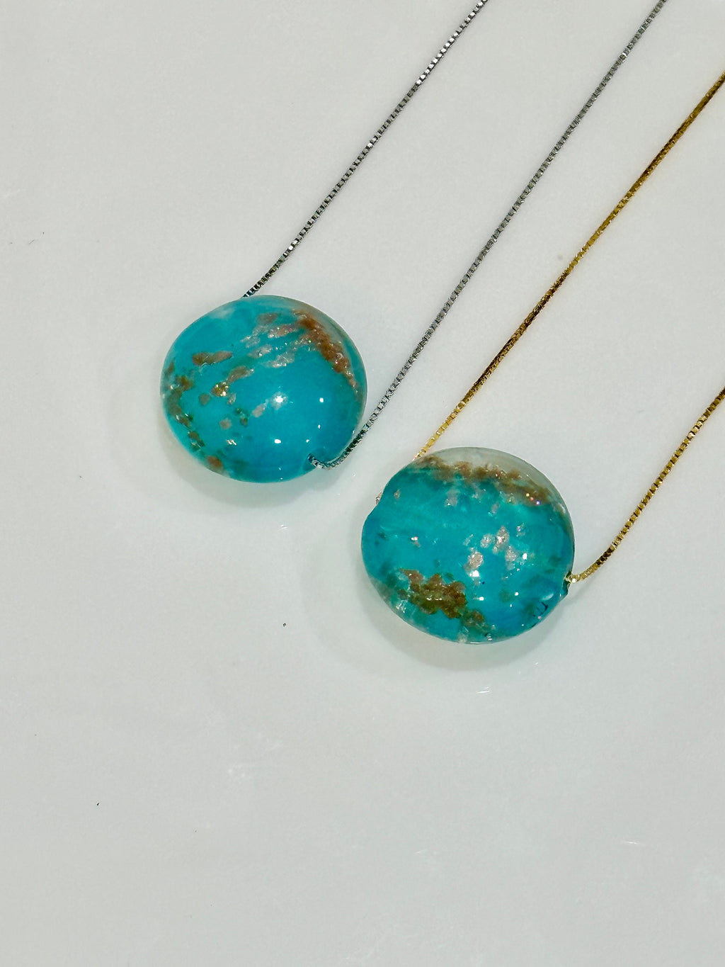 Handmade Iridescent Torquoise With Gold and Silver Foil Murano Glass on Sterling Chain